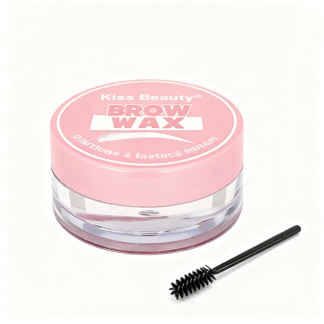 [Main Image 1 - Pure White Background] The product is a round pink lid clear jar of Kiss Bèauty 3D Brow Wax, with a black spoolie brush placed next to it. The product appearance must be 100% consistent with the original image. Background is pure white #FFFFFF. The product is centered and takes up more than 85% of the frame. High resolution product photography, soft studio light, clear focus, no text, no logo, no any other elements, show the product itself completely.