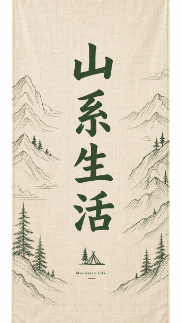 竖版露营条幅，文字“山系生活”竖向排版，卡其棉麻，深绿色文字，侧边装饰山脉线条，简洁大方适合制作预览效果
