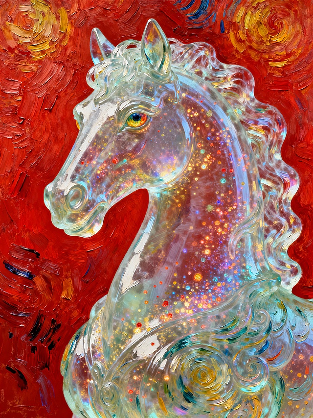 图片风格为印象派，印象派，梵高风格的油画，细腻笔触明显，暖色调。具有印象派、梵高风格的油画，画面以明显的笔触绘制，呈现出独特的艺术质感。画面中是一个由幽灵粒子组成的山海经神兽马的正侧脸（胸像），半透明质感，眼睛炯炯有神，微小的粒子通过C4D建模、OC渲染，展现出通透的质感，边缘呈现出模糊的效果，还带有双重影像的视觉特征，仿佛是通过伽马射线捕捉到的画面，整体以红背景衬托，整体色调喜庆