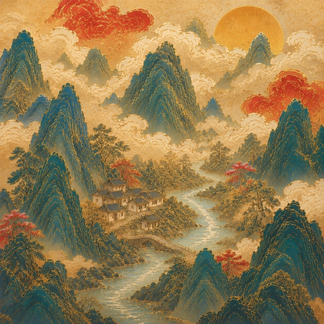 参考图的国潮烫金风格，生成包含层峦叠嶂的山峰、传统云纹、蜿蜒小溪、静谧村庄的国风山水画面，整体采用烫金描边技法，配色为青蓝、朱红、米金，保留精致金线装饰，村庄藏于山间溪边，云雾环绕，整体氛围宁静典雅，预览效果