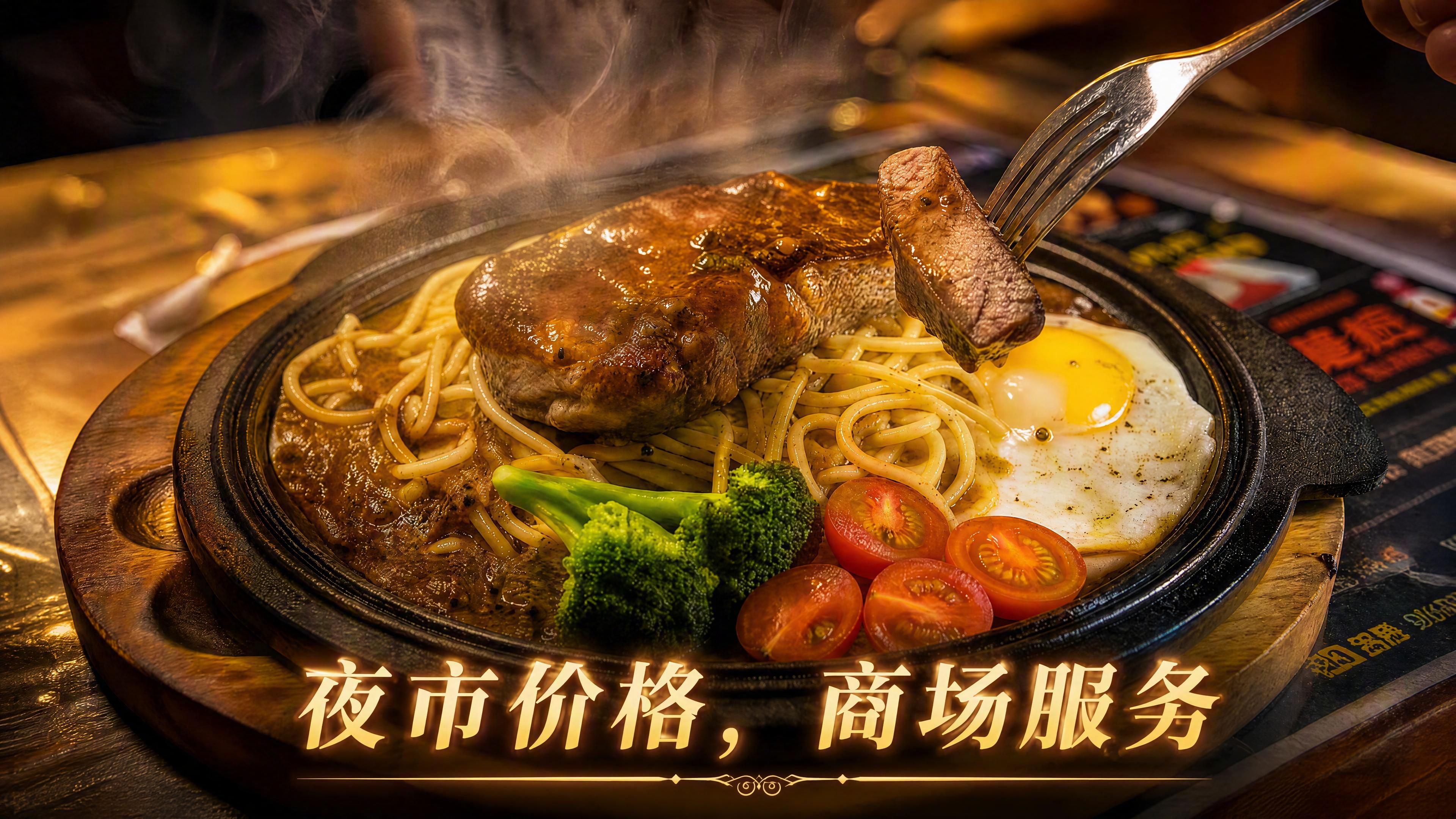 夜市铁板牛排美食宣传图，圆形黑色铁板放在圆形木质托盘上，铁板最… - 图片创意预览