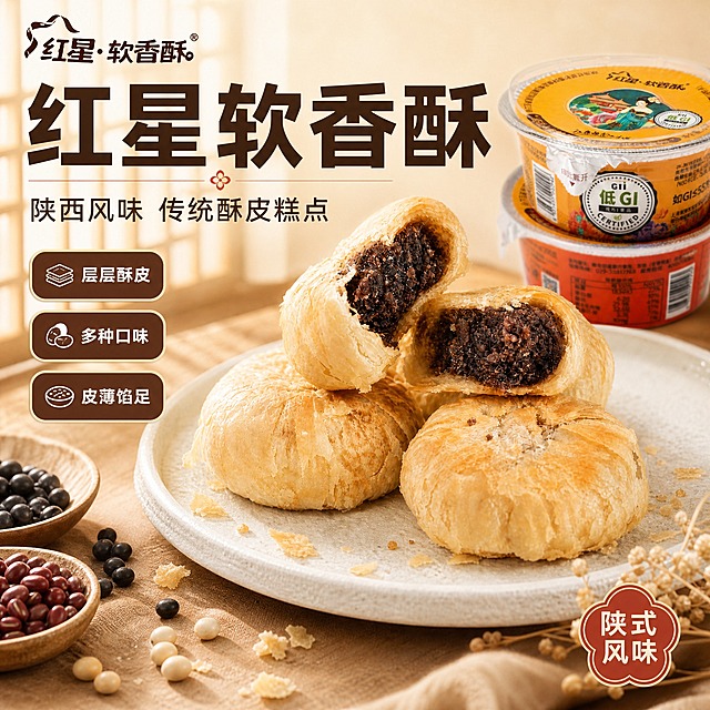 [主图-1] 首图点击率，展示红星软香酥陕西风味传统糕点的整体产品形象与食欲感，突出酥皮糕点的诱人质感。
[统一基调] 暖调明调新中式国风，米杏色渐变背景，主标题深棕色粗黑体，辅助文案深褐色，强调色用朱红色，字体全部使用商用免费无衬线黑体，字号层级分明，信息卡片为圆角深棕底白字样式，整体干净通透有食欲。
[画面] 画面中央偏右位置摆放多枚红星软香酥糕点，其中1枚被切开露出饱满内馅，切面朝向观众展示层层酥皮与细腻馅料的纹理，其余完整酥饼围绕堆叠在白色粗陶盘上；左侧前景散落少量酥皮碎屑和对应馅料原料（红豆/黑豆等豆类）；背景为虚化的中式木质桌面与暖窗格光影，左上角放置红星软香酥品牌Logo（保持原图Logo样式），右下角点缀少量干花或麦穗装饰；产品占画面约60%，保持产品外观、包装图案、颜色与用户上传图完全一致，不修改产品外观，不调色。
[光影质感] 自然暖光侧逆光，柔光质感，酥皮表面有自然高光，切面层次清晰，盘底有柔和接触阴影，整体通透有食欲，商业食品摄影质感。
[配色] 背景米杏色浅渐变，主标题深棕色，辅助文字深褐色，强调色朱红色，产品本身颜色保持不变。
[文字版式] 左上角品牌Logo；画面上方偏左位置主标题大字"红星软香酥"；主标题下方小字副标题"陕西风味 传统酥皮糕点"；左侧竖排3个圆角信息卡："层层酥皮"、"多种口味"、"皮薄馅足"；右下角花形印章式文字"陕式风味"；所有文字使用商用免费黑体，清晰可读，不遮挡产品主体。
[输出要求] 1:1正方形比例，2048x2048，产品清晰锐利，文字清晰无错字，画面干净有食欲，禁止变形、模糊、杂乱背景、水印、平台Logo、极限词、违反广告法用语。