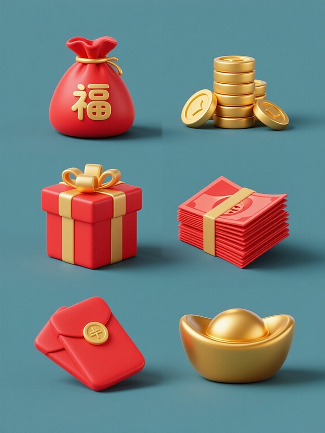 3D喜庆风格，六个规整排布的素材，包含红色福袋、红色红包、一堆金黄色金币、红色礼盒、一沓红色钞票、金黄色元宝，每个元素造型简约现代，表面有细腻的光泽感和轻微的立体阴影，整体采用纯色背景，无任何文字、logo和水印，营造出喜庆、吉祥的氛围。