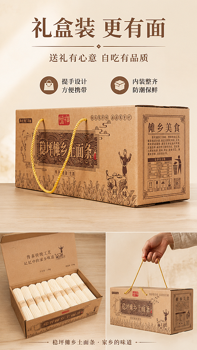 [第7屏] 包装细节-稳坪傩乡土面条礼盒包装与内装展示。本屏使用【图1】作为商品主体。
[氛围/风格] 品质礼赠感，乡土质朴风，商业摄影质感。
[元素布局] 画面上方为礼盒正面全貌，45°斜侧摆放，黄色提绳自然垂落，牛皮纸包装纹理清晰，包装文字完整不乱，占比约45%；下方左侧展示打开的礼盒内装面条（成捆挂面整齐排列），右侧展示手提携带的手部动作（一只手提着礼盒提绳）；背景为浅木色台面，简洁高级。礼盒结构、比例、颜色与输入图一致。
[光影质感] 左上方柔光照明，礼盒下方柔和投影，牛皮纸纹理质感突出，整体温暖有质感。
[配色色系] 全局底色 #F5EFE0（米黄暖纸色）；主色深棕 #5C3A1E；辅助色牛皮纸黄、提绳金黄。
[视角构图] 上下分层构图，上礼盒下细节，阅读动线从上至下。
[文字版式] 顶部大标题「礼盒装 更有面」，副标题「送礼有心意 自吃有品质」，温润宋体深棕色；下方2个卖点图标+文字「提手设计 方便携带」「内装整齐 防潮保鲜」；底部小字「稳坪傩乡土面条 · 家乡的味道」。文字不遮挡礼盒主体。
[比例分辨率] 9:16 竖版比例，4K分辨率，文字清晰可辨，高清画质。
[负向提示词] 礼盒变形，包装文字错乱，缺件错件，颜色偏差，水印，文字过小，手部不自然。