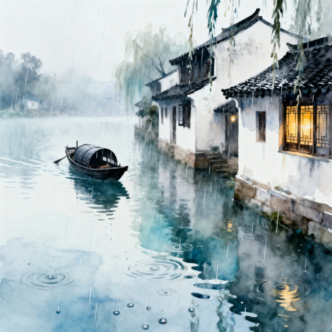水彩画风格插画，江南水乡雨景，乌篷船划过烟雨湖面，水边白墙黑瓦民居，水色交融通透，色彩淡雅清新，氛围感故事感强，细节丰富预览效果