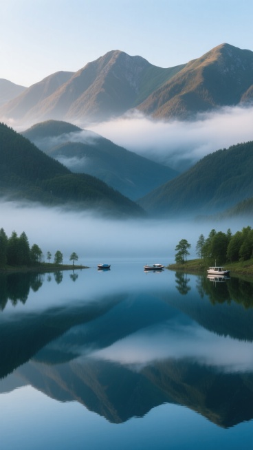 写实摄影风格，清晨或傍晚时分的宁静山水风光，连绵起伏的墨绿色与灰褐色相间的山脉，山顶被淡淡的薄雾笼罩，山间云雾缭绕，山脚下是平静如镜的深蓝色湖泊，清晰倒映出山脉和天空的景象，湖岸点缀着稀疏的绿色树木和几艘小型停泊的船只，天空呈现出柔和的浅蓝色，光线柔和，整体画面静谧悠远，色彩和谐统一，构图采用对称式布局，强调山水倒影的完美对称，营造出宁静致远、平和幽静的氛围，高清晰度，细节丰富，自然光影效果。预览效果