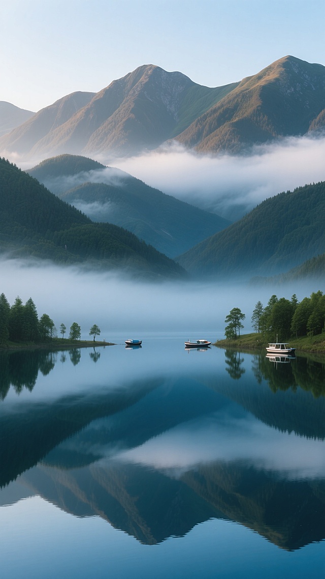 写实摄影风格，清晨或傍晚时分的宁静山水风光，连绵起伏的墨绿色与灰褐色相间的山脉，山顶被淡淡的薄雾笼罩，山间云雾缭绕，山脚下是平静如镜的深蓝色湖泊，清晰倒映出山脉和天空的景象，湖岸点缀着稀疏的绿色树木和几艘小型停泊的船只，天空呈现出柔和的浅蓝色，光线柔和，整体画面静谧悠远，色彩和谐统一，构图采用对称式布局，强调山水倒影的完美对称，营造出宁静致远、平和幽静的氛围，高清晰度，细节丰富，自然光影效果。