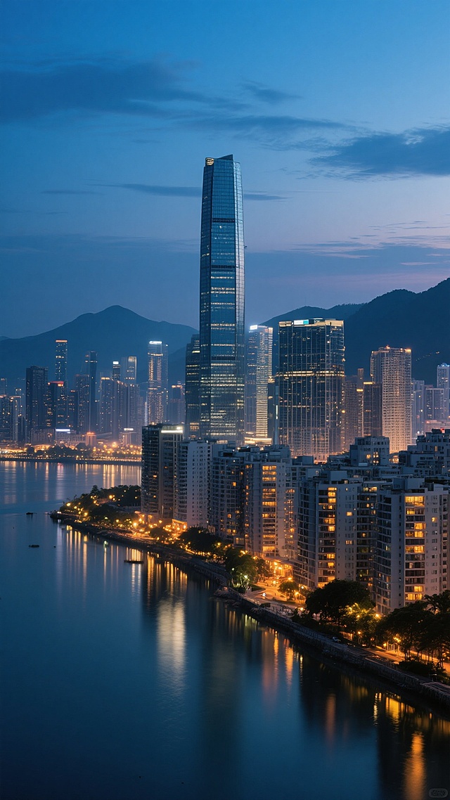 傍晚时分的城市全景背景，深蓝色渐变天空点缀着几缕薄云，远处山脉轮廓朦胧，繁华都市的摩天大楼群在暮色与灯光中交相辉映，中央矗立着高耸的玻璃幕墙建筑，城市边缘的海湾水面倒映着岸边璀璨的灯火与建筑灯光，近处密集的住宅楼窗户透出温暖的光芒，整体呈现出宁静而繁华的都市夜景氛围，高清晰度，写实摄影风格，自然光影过渡，城市与自然景观和谐融合。