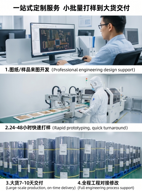第 4 屏：工艺制程拆解屏（信任工艺实力）
图文文案
主文案：12 道标准化制程 严控每一块软板品质
副文案：基材开料→线路曝光蚀刻→压合补强→镀金沉金→SMT 贴片→AOI 光学检测→可靠性老化测试预览效果