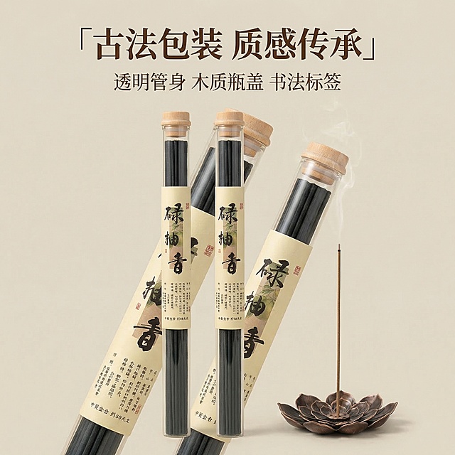 1:1竖版电商主图，严格还原上传的碌柚香线香产品图，包括透明管包装、木质瓶盖、竖排书法标签“碌柚香”、莲花香插的所有设计细节、颜色、LOGO位置、文字内容、图案元素，产品外观必须与参考图完全一致，不得改变包装设计、配色方案或品牌元素，保持线香的哑光木质质感、香插的古铜金属质感。画面特写碌柚香线香的管装细节：透明管身清晰展示线香哑光纹理、木质瓶盖的自然木纹、竖排书法标签的笔墨质感，背景为柔和米色，突出传统工艺。主标题：「古法包装 质感传承」，副标题：「透明管身 木质瓶盖 书法标签」，文字采用古风衬线字体，排版细腻。整体排版精致如杂志，视觉高级统一，30秒内抓住用户注意力。禁止改变产品包装设计、配色、LOGO位置，禁止添加无关元素，禁止模糊包装细节，禁止改变包装材质质感，禁止文字排版杂乱，禁止画面风格割裂，禁止产品尺寸比例失调。