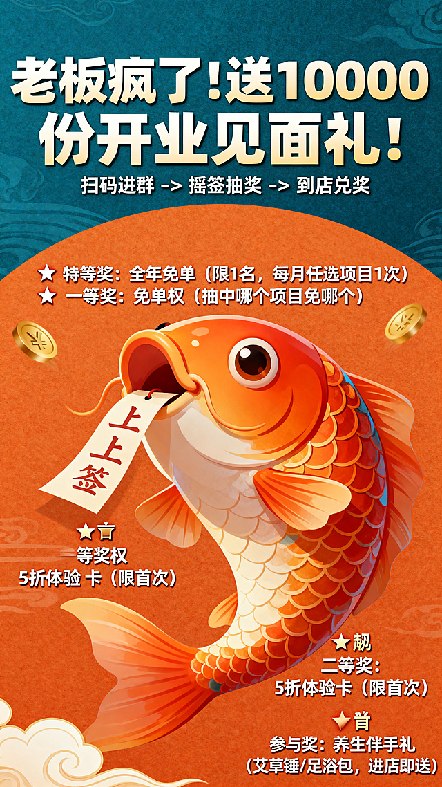 开业抽奖活动海报，主色调为爱马仕橙和靛蓝色，视觉中心是一只巨大的卡通锦鲤，锦鲤嘴里叼着一张写有“上上签”的纸条，海报上大字文案：“老板疯了！送 10000份 开业见面礼！”，中字文案：“扫码进群 -> 摇签抽奖 -> 到店兑奖”，下方列表文案：🎁 特等奖：全年免单（限1名，每月任选项目1次）
🏆 一等奖：免单权（抽中哪个项目免哪个）
🎉 二等奖：5折体验卡（限首次）
🧧 参与奖：养生伴手礼（艾草锤/足浴包，进店即送），整体风格活力，适合养生健康行业开业活动，构图饱满，信息层级清晰