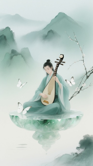 混合柔润水彩质感，松绿为主色调。一位身着青衫的琴师（抱著一张七弦琴）坐在悬浮的半透明玉制平台上；有两只白蝶停在琴弦旁；背景有远山、晨雾；梅枝斜插点缀画面。预览效果