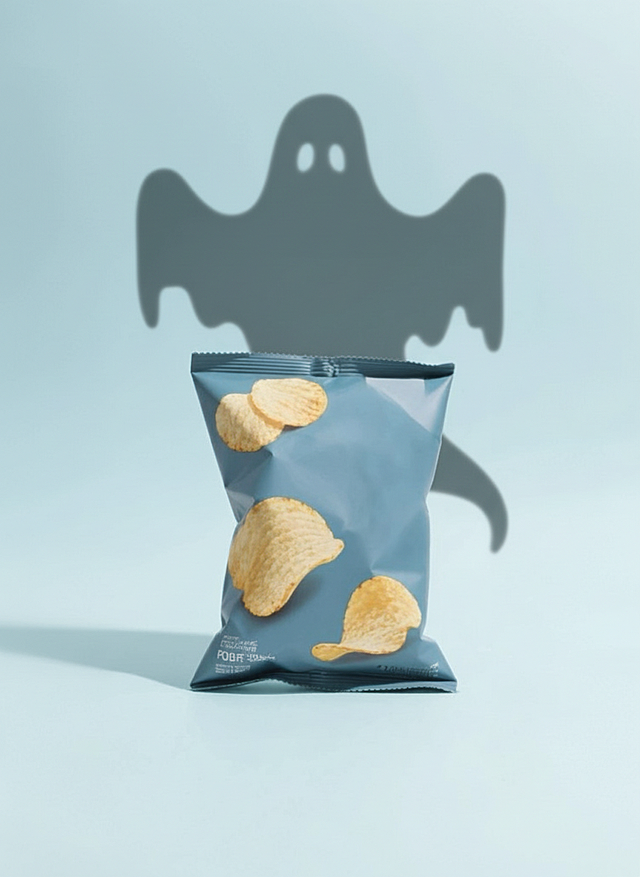 主体放置在浅蓝色场景里，墙上投射出幽灵的黑影，明亮，高饱和