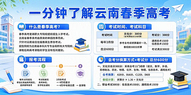 一张横版校园宣传海报，浅蓝色背景，整体风格清爽专业、校园青春感，适合学校校园内展示。画面比例2:1（宽240cm高120cm横版）。

画面顶部居中是超大主标题："一分钟了解云南春季高考"，粗体蓝色大字，醒目突出。

画面主体分为四个信息卡片模块，横向排列或2x2网格布局，每个模块用白色圆角卡片承载，浅蓝色标题栏，信息分区清晰、层级分明：

【模块一 什么是春季高考？】
标题："什么是春季高考？"
正文：春季高考是高职大专院校提前招生入学考试。云南省春季高考由原来的单招改革而来，只针对云南省应往届普高生参加考试。招生院校为云南省本科大专专业和所有大专院校，录取后和高考录取的学生没有任何差别。

【模块二 考试时间·考试科目】
标题："考试时间、考试科目"
表格形式呈现三列：
- 考试时间：每年3月份，总分600分
- 文化分：300分（会考原始分220折算，参考会考成绩算最好一次，春招按300分折算）
- 考试分：300分（通用技术150分 + 信息技术150分，考试满分300分）

【模块三 报考流程】
标题："报考流程"
时间轴或编号列表形式：
1. 每年10月底先参加云南省高考报名，选择春季高考
2. 考试前做完高考体检，各学校会通知
3. 3月份考试 → 4月初查分 → 4月中旬填志愿 → 查录取

【模块四 分数构成】
标题："会考分换算方式+考试分 总分600分"
正文：
一、文化分总分300分：采用会考11门成绩（语文、数学、外语、思想政治、历史、地理、化学、生物、物理、信息技术、通用技术）
会考换算：A20分、B16分、C12分、D8分
春招计算：折算分 × 1.36 = 文化分
二、职业考试300分：信息技术150分；通用技术150分

背景为浅蓝色渐变，点缀校园元素剪影（教学楼、书本、铅笔、毕业帽、云朵、纸飞机等），画面中不出现电话、二维码、地址、联系方式等信息，不出现"27届"字眼。

版式精美，信息密度适中，所有文字清晰可读，数字精确渲染。画面中所有信息区域、卡片、表格、列表必须填充完整合理的内容，不得出现空白框或空单元格。

画面中必须完整呈现以下文字信息：
"一分钟了解云南春季高考"
"什么是春季高考？"
"每年3月份"
"总分600分"
"文化分：300分"
"考试分：300分"
"通用技术150分 信息技术150分"
"报考流程"
"会考分换算方式+考试分 总分600分"
"A20分、B16分、C12分、D8分"
"折算分 × 1.36 = 文化分"

画面中所有数字必须精确渲染，不得错位、遗漏或编造。
严禁出现电话、二维码、地址、联系方式，严禁出现"27届"字样。