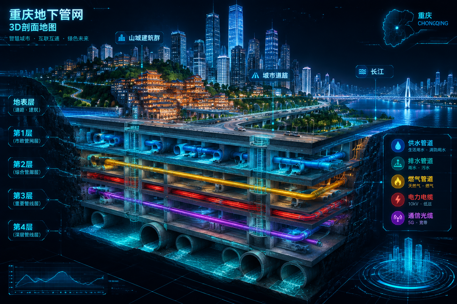 重庆地下管网3D剖面地图，科技感风格，深色背景。展示城市地下多… - 图片创意预览