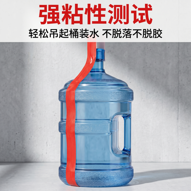 [主图 2] 展示布基胶带强粘性核心卖点，极限测试图
[氛围风格] 直观有冲击力的工业测试风，清晰有力
[画质] 商业摄影质感，光线硬朗对比强烈，产品清晰真实，画面干净高级
[元素] 使用本款红色布基预览效果