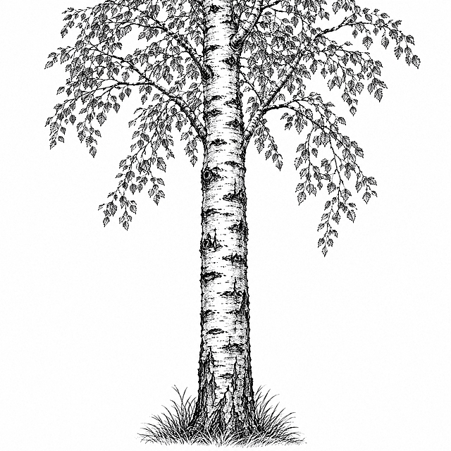 参考图中包装上的黑白铜版画/古典植物雕版线描风格，重新绘制一幅【白桦】的简笔画：一根粗壮的白桦树干竖向居中，树皮的白底与黑色横纹对比鲜明，上方分出细枝、挂满小叶片，用细密排线刻画树皮的纵裂与节疤，纯白背景，黑白色调，无任何文字
