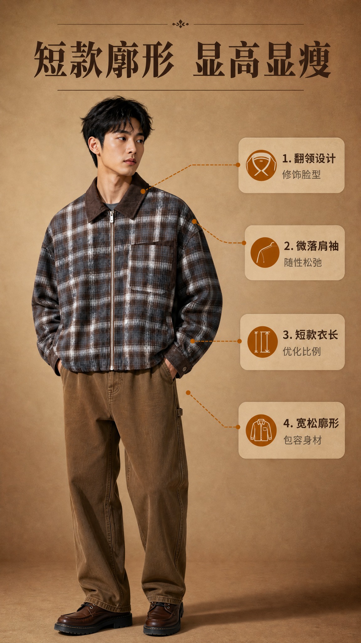 [商品] 使用【图1】棕灰格纹翻领拉链夹克；商品处理：保留翻领… - 图片创意预览