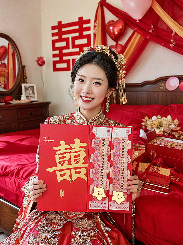 真实摄影，婚礼接亲室内婚房场景，年轻东亚新娘，身穿精致红色中式秀禾服，头戴金色中式发饰，妆容精致，面带灿烂笑容看向镜头，双手自然拿着展开的大红包，红包为左右两页并排展开的样式，完全保留参考图中红包的排版、数量、设计、尺寸，禁止改变排列样式，必须左右并排，红包占画面核心视觉区域近2/3面积，红包为正红色烫金大喜字样式，内部左右两排整齐排列百元人民币现金卡位，红包底部有百年好合印章字样，动作自然大方。背景是喜庆婚房，墙面贴着大红喜字，红粉色气球装饰，床品是大红色，红黄色纱幔帷幔，木质梳妆台，床上摆放婚庆礼盒鲜花，室内柔和自然光，家庭纪实婚礼抓拍，高清写实，胶片质感，色彩浓郁喜庆，构图居中，人像清晰，细节丰富，8k，单反相机拍摄