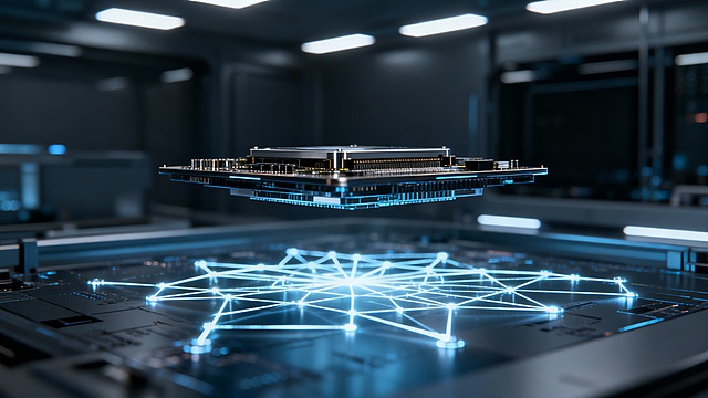 Next-generation crypto system core, floating hardware layers, luminous decentralized network beneath, minimal futuristic laboratory, premium fintech aesthetic, cinematic lighting, no text, 16:9