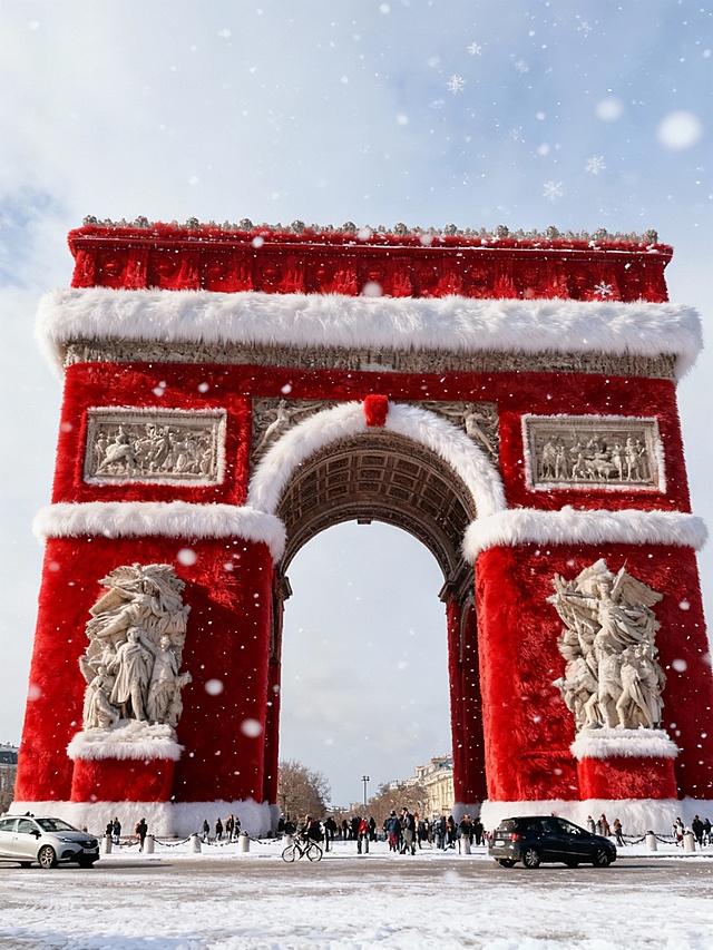 给建筑穿上毛绒绒的红白圣诞套装，保持建筑原本形态，落雪背景