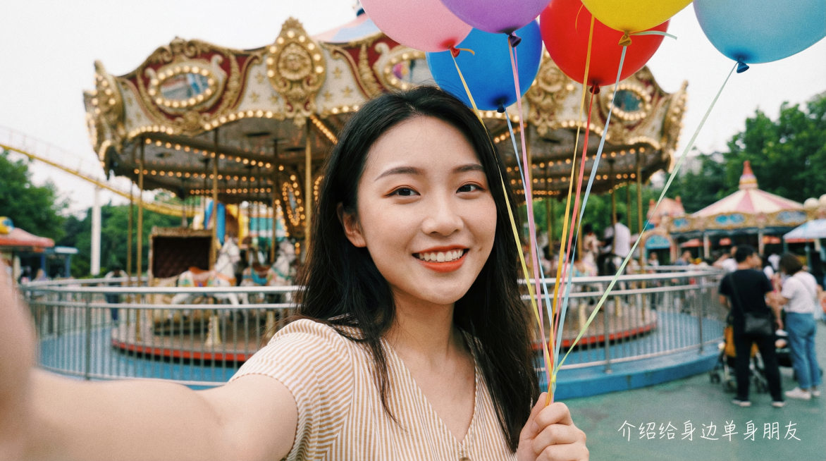 帮我生成20个美女，亚洲，网感，自拍的视角，网红感，真实感，长相不同，右下角均标注小的文字“介绍给身边单身朋友”文字，比例16:9，不同场景，不同长相预览效果