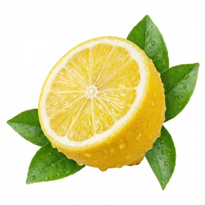 参考提供的图片造型，设计半个柠檬真实摄影高清图，柠檬新鲜表面带有水珠，有清晰的叶子陪衬，整体悬空，白色背景，无任何文字，高清晰大图预览效果