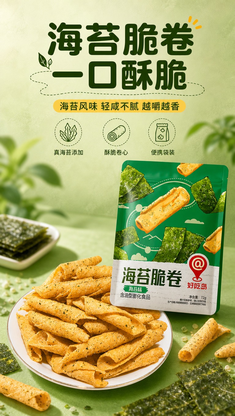 [商品] 使用【图1】海苔脆卷实物与【图2】产品包装袋；保留脆… - 图片创意预览