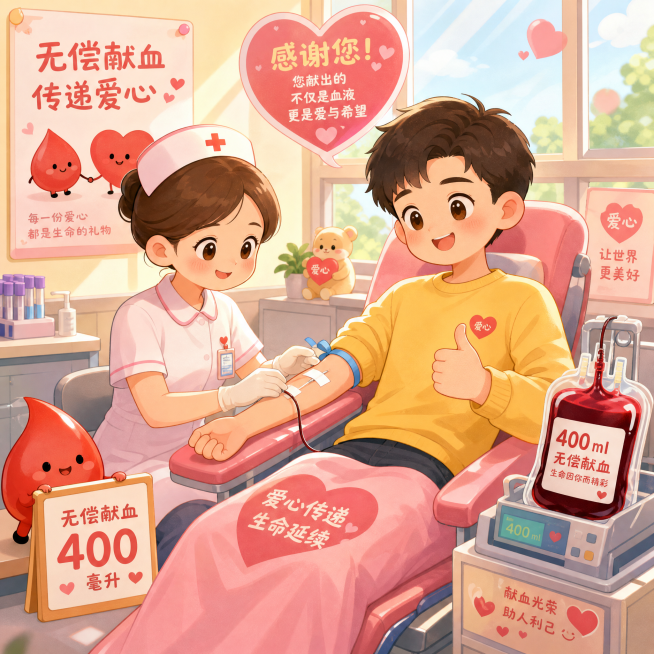 可爱风格卡通插图，展示人们无偿献血400毫升的温馨场景，有护士和献血者，画面温暖明亮，风格软萌预览效果