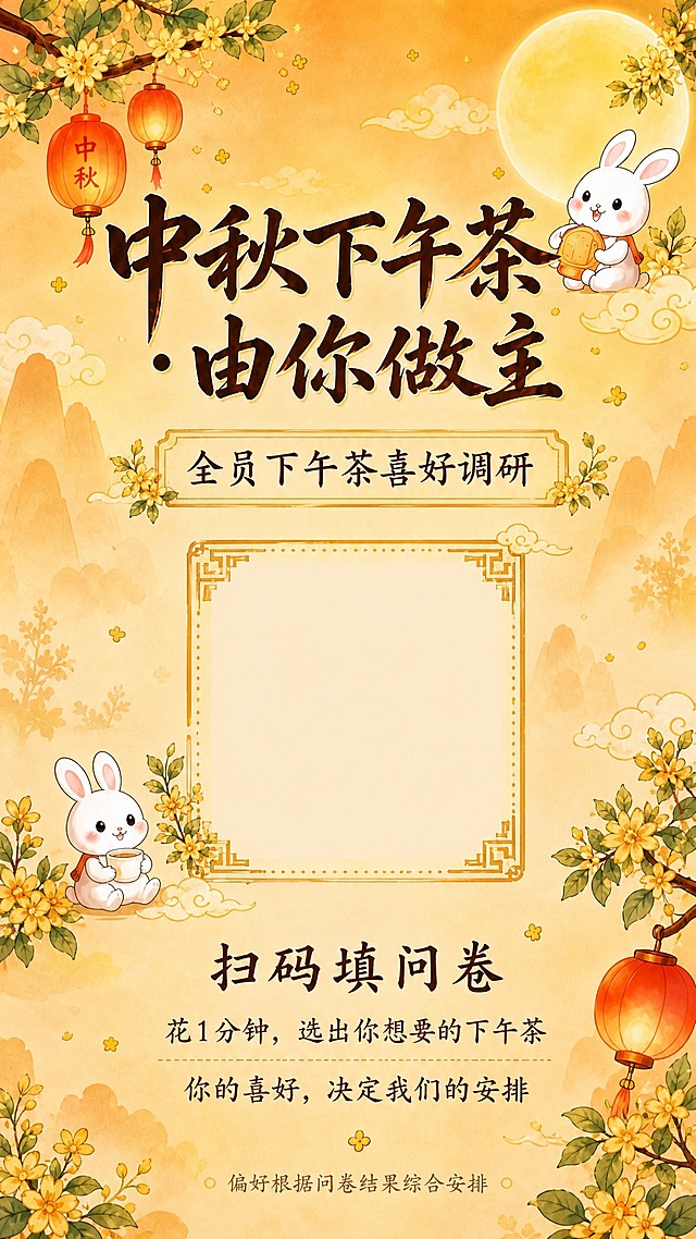 基于参考图的中秋暖黄国风手绘风格，保留顶部桂花枝、红灯笼、月亮兔子、祥云等中秋装饰元素，暖黄色渐变背景。将原有饮品清单内容替换为下午茶调研问卷海报内容：

顶部大标题为「中秋下午茶 · 由你做主」，副标题为「全员下午茶喜好调研」，使用精致国风书法字体，深棕色，醒目美观。

中间区域居中放置一个二维码占位框（方形，带精致国风边框装饰），二维码下方文字：
「扫码填问卷」
「花1分钟，选出你想要的下午茶」
「你的喜好，决定我们的安排」

底部小字备注：「偏好根据问卷结果综合安排」

整体排版舒展美观，无任何logo，保持桂花、玉兔、灯笼、圆月等中秋元素点缀，风格温馨统一。