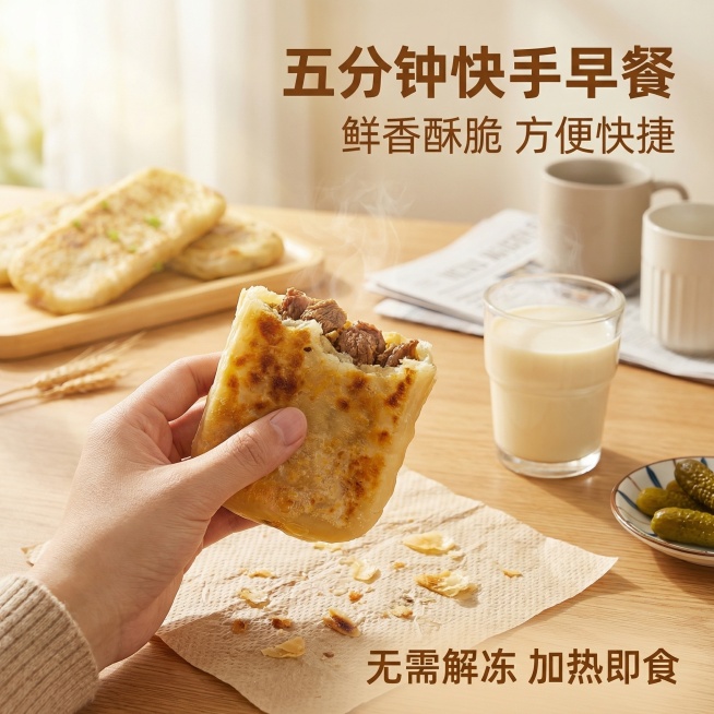 [垫图]用户上传的牛肉馅酥皮牛舌饼图；[主图主题]牛肉馅酥皮牛舌饼食用场景；[氛围/风格]生活化、有代入感，自然居家暖光；[画面元素]第一人称视角，一只手拿着刚咬了一口的牛舌饼，牛肉馅料清晰可见，饼皮预览效果