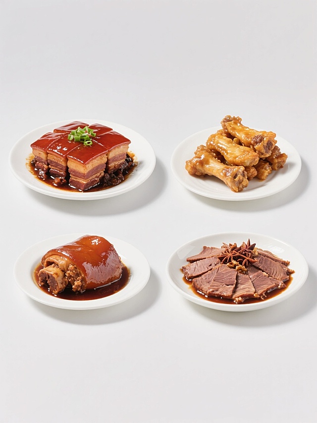 一组四宫格美食素材集合，纯白色纯色背景，每张图片展示一道不同的中式传统肉类菜肴，保持与示例红烧肉一致的超写实摄影风格：清晰的食材纹理、鲜艳的自然色彩、精准的光影表现（柔和主光源，轻微阴影增强立体感），以及精致的摆盘细节。四道菜分别为：1. 色泽红亮、点缀葱花的经典红烧肉；2. 金黄酥脆、外焦里嫩的糖醋排骨；3. 酱汁浓郁、肉质酥烂的酱肘子切片；4. 香料丰富、色泽棕红的五香卤牛肉片。所有菜肴居中规整排布，构图饱满，细节清晰，整体视觉风格统一，适合作为美食菜单、餐饮宣传或食材展示的系列素材。