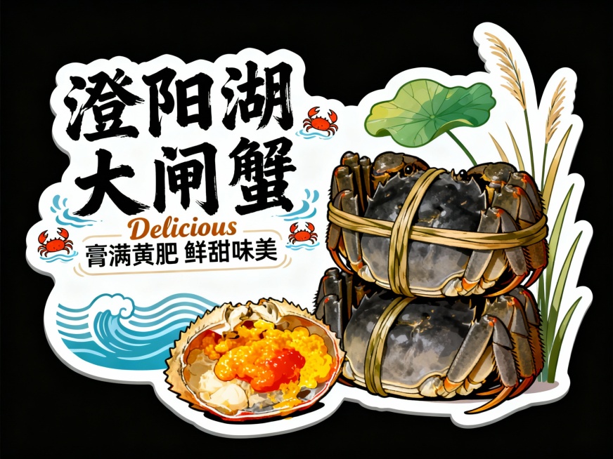 异形牌整体造型融合阳澄湖的波纹、荷叶与芦苇元素。画面右侧叠放一只捆扎好的灰蟹和一只剥开、膏黄满溢的蟹盖，蟹壳呈灰黑色，膏黄为橙红色与金黄色，高饱和度凸显诱人质感。左侧有拙趣手写风格文字“澄阳湖大闸蟹”预览效果