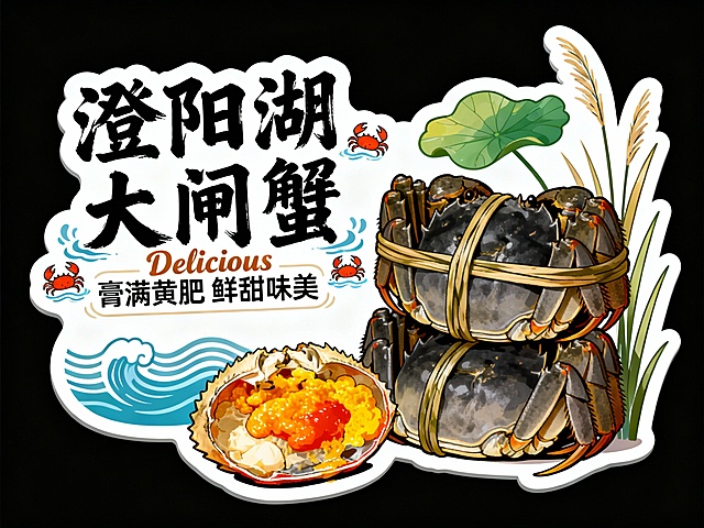 异形牌整体造型融合阳澄湖的波纹、荷叶与芦苇元素。画面右侧叠放一只捆扎好的灰蟹和一只剥开、膏黄满溢的蟹盖，蟹壳呈灰黑色，膏黄为橙红色与金黄色，高饱和度凸显诱人质感。左侧有拙趣手写风格文字“澄阳湖大闸蟹”，第二行“膏满黄肥 鲜甜味美”，装饰性英文“Delicious”，字体外围点缀水波与蟹爪插画。整体采用Q版矢量插画风格，大师级画面排版，异形牌背后为纯黑色背景，色彩鲜明，层次丰富