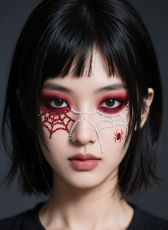 美妆博主的万圣节妆容，带有：红色系眼影，左眼旁有红色亮片装饰的蜘蛛网状图案，面部白色珍珠构成蛛网，脸颊处有一只红色小蜘蛛图案