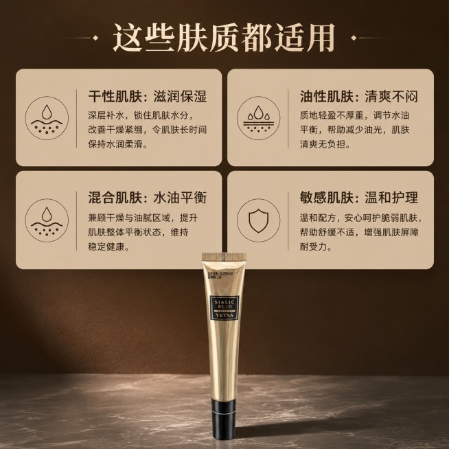 [第6屏] 适用肤质分区说明页。
[氛围/风格] 信息清晰分格展示，深棕简约专业风。
[元素布局] 四个肤质分格卡片排列，每个卡片标注一种肤质，说明适用理由；底部放置完整产品图，占比底部约25%；产品预览效果