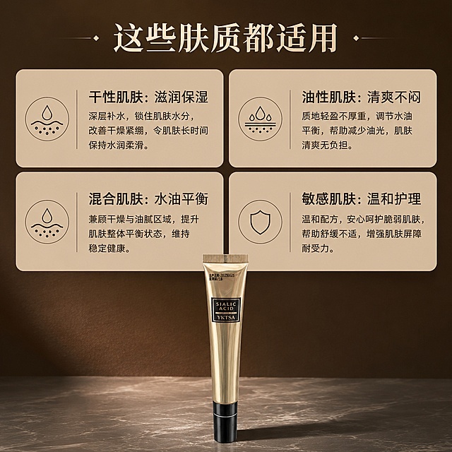 [第6屏] 适用肤质分区说明页。
[氛围/风格] 信息清晰分格展示，深棕简约专业风。
[元素布局] 四个肤质分格卡片排列，每个卡片标注一种肤质，说明适用理由；底部放置完整产品图，占比底部约25%；产品外观与输入图一致。
[光影质感] 均匀柔光，卡片文字清晰，产品明暗自然。
[配色色系] 全局底色 #3A2313，每个卡片浅棕色底，深棕色文字，整体配色统一。
[视角构图] 上部分四格网格，下部分产品，符合移动端阅读习惯。
[文字版式] 主标题「这些肤质都适用」，顶部居中；四个分区分别为干性肌肤：滋润保湿；油性肌肤：清爽不闷；混合肌肤：水油平衡；敏感肌肤：温和护理；文字排版清晰不拥挤。
[比例分辨率] 尺寸1290x1290，1:1比例，4K分辨率，高清画质。
[负向提示词] 文字过小，产品变形，配色杂乱，虚假承诺