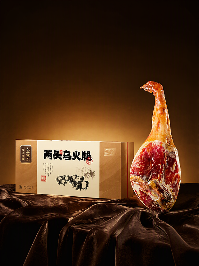 两头乌火腿礼盒与整腿，严格参照上传产品图，完整保留所有可见组件、部件、轮廓形状、结构、比例、材质质感、颜色与产品本体上的所有文字信息（金字、两头乌火腿等文字与印章图案），与上传图完全一致。礼盒和整腿的大小比例参考第三张商品图，整腿在画面右侧更突出，礼盒在左侧，两者之间留有合理物理空间，不穿模、不重叠。
棚拍高端质感场景，深棕金色调，参考图相似度80%。
承载面为深棕色丝缎布料，自然垂坠褶皱，布料位于画面下方，产品放置在布料之上。背景为渐变的暖金色到深棕色，由下至上逐渐加深，背景色调与主体物形成区分，突出产品。
柔和暖调顶光与侧光结合，产品受光面泛起暖金色光泽，暗部与边缘映射深棕色环境光晕，与背景环境物理融合，无悬浮感、无抠图感、无硬边剪切。
中景构图，产品居中偏下，完整不裁切，产品为第一视觉焦点。
视角微侧20°，微俯角度。
全量换款清单：①背景：参考图渐变棕金色背景 → 生成图更深的深棕到金棕渐变背景，色调更沉稳，与产品形成对比；②承载布料：参考图深棕色丝缎布料 → 生成图深咖色丝绒质感布料，褶皱形态不同，更厚重有质感。
4K 超写实商业摄影，严格锁定宽高比为 3:4。
