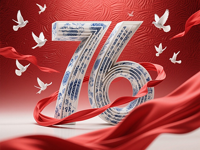 国风非遗青花材质，视觉以数字 “76” 为主体的国庆海报