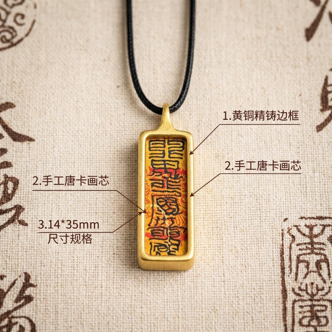 [主图 2] 唐卡招财符吊坠核心细节展示图，保持产品原有外观不变。[氛围/风格]国风质感，细节清晰，专业摄影光影。[画面元素]保留原产品：长方形黄铜框镶嵌红底唐卡经文，黑色挂绳。采用产品居中展示，用引预览效果