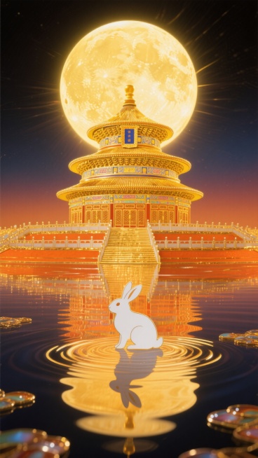 整体画面色调由顶部的深橙色渐变至底部的淡黄色，营造出柔和且富有层次的色彩过渡。画面中央是一个巨大且发光的天坛，天坛的后面是巨大的月亮，天坛的颜色从金黄色自然渐变为柔和的橙色，散发出神秘而庄重的光芒，光预览效果