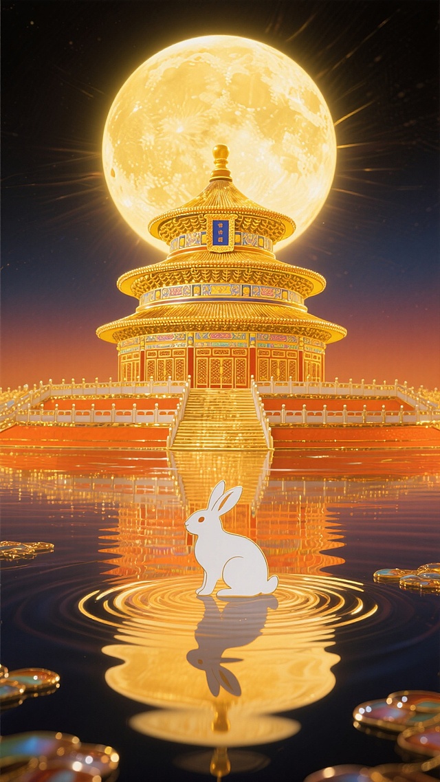 3D国潮风，鎏金宫殿映月，玉兔剪影静立水中央，梦幻唯美感与神圣静谧交织，中秋佳节意境悠远。
