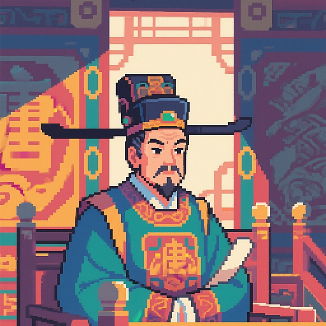像素风格的唐朝中书省官员头像，复古像素风，中年男性，唐朝官服服饰，朝堂官员形象