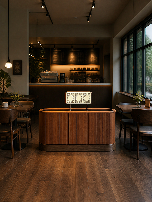 将图片中的隔断家具放在另一个不同的咖啡厅店铺场景中，放在两个桌椅组合中间，严格保持隔断家具原始形体、比例和设计细节不变，画面整体要有纵深感，画面视角为平视，家具摆放位置合理，真实咖啡厅场景，写实风格