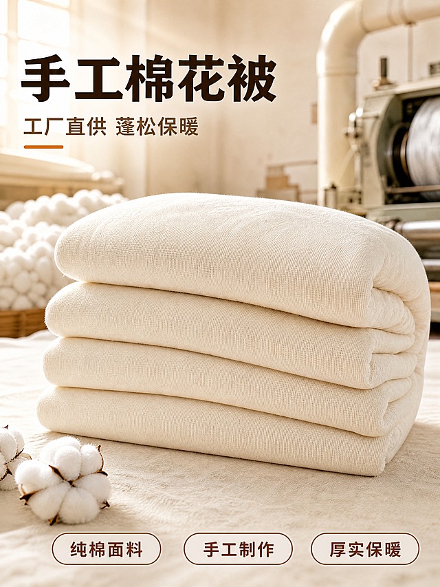 [商品] 使用【图1】手工棉花被；保留米白色纯棉纱布面料、四层叠放形态、棉花被蓬松质感、左下角棉花装饰、整体结构和颜色；商品处理：自然理顺被面褶皱，增强纱布面料纹理与棉花蓬松质感，提升整体干净度和商业精修感，不改变版型结构。
[画面] 目标：首屏主KV，展示产品全貌与核心卖点，营造工厂直供手工棉被的品质氛围。构图：上左文字区+中下产品主体+工厂背景虚化，产品占画面约65%，四层棉被叠放居中偏下，前景散落棉花装饰，中景棉被主体，后景虚化工厂车间与弹棉花机器，暖光从左上方洒入形成丁达尔效应。阅读动线：左上主标题→副标题→底部三卖点图标。
[视觉] 套系策略：风格=暖调温馨商业摄影风，真实质感工厂+居家结合；标题字=粗黑圆润宋体，厚重有力；正文字=简洁无衬线黑体；主色=米白暖棕；背景延展=基于米白暖棕做深浅层级、同色渐变和细腻织物/水泥墙材质质感；强调色=暖橘棕，仅用于小面积图标、引线、标签和下划线；标题色=深棕褐色；正文色=中暖棕；组件=圆角浅底信息卡、细线引线、椭圆按钮框；光影=左前侧暖柔光，自然窗光氛围。
[文字] 左上主标题"手工棉花被"，副标题"工厂直供 蓬松保暖"，主标题下方加短橘色下划线；底部横向排列三个圆角椭圆信息框，分别为"纯棉面料""手工制作""厚实保暖"。文字不遮挡棉被主体核心展示区。
[规格] 图片比例3:4竖版，4K，负向提示：避免变形、错字、文字过小、冷蓝/蓝灰背景、棉被颜色改变、版型失真、工厂机器文字错乱、绝对化用语。