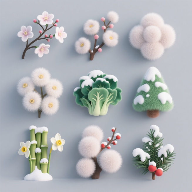 4个冬季植物元素，分别是铁线莲、梅花、水仙、羽衣甘南、腊梅、竹子、松柏、冬青上面有雪，三行两列对齐排列，浅灰色纯色背景。预览效果
