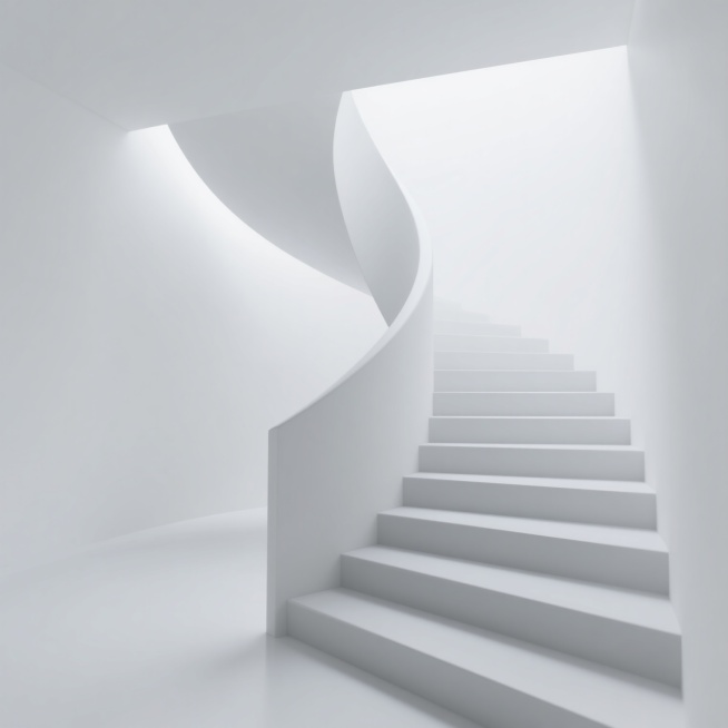 极简主义风格的3D渲染白色旋转楼梯，整体呈现流畅优雅的螺旋上升形态，台阶边缘锐利清晰，具有光滑细腻的白色材质质感，光影效果柔和，光源来自左上方，在台阶侧面和底部形成自然的浅灰色阴影过渡，背景为纯净的白色，营造出简洁、现代、空灵且富有空间感的氛围，构图采用低角度仰视图，突出楼梯的延伸感和建筑美学。预览效果