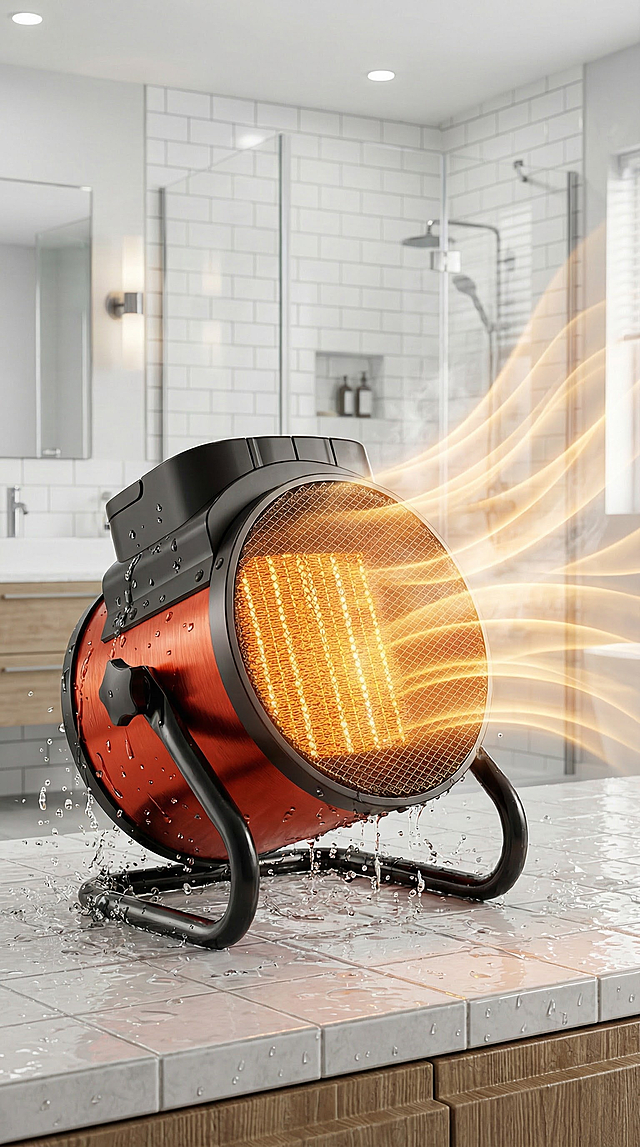 在参考图的基础，保留主体，生成一张电商产品图，体现出桌面暖风机防水飞溅 居浴两用感觉卫生间场景，产品内部加热区发光效果，线条感暖风大面积输送效果。真实8K