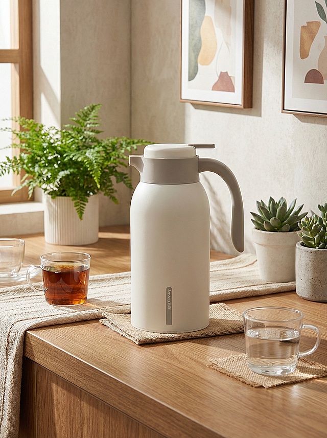 画面中心是主体置于木质台面上，布艺装饰，周围摆放着装有茶水的玻璃杯，还有玻璃材质的的杯子装的白开水，背景有绿植和抽象装饰画，暖木色为主色调，光影柔和