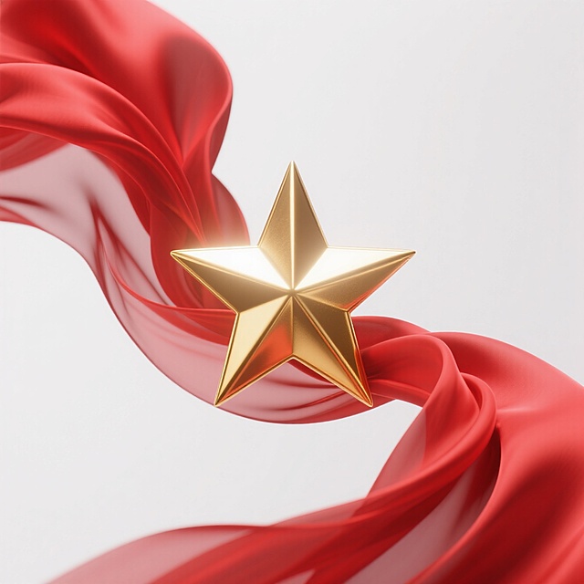 红色飘扬的绸缎缠绕着金色的星星（五边形，五个角），白色背景